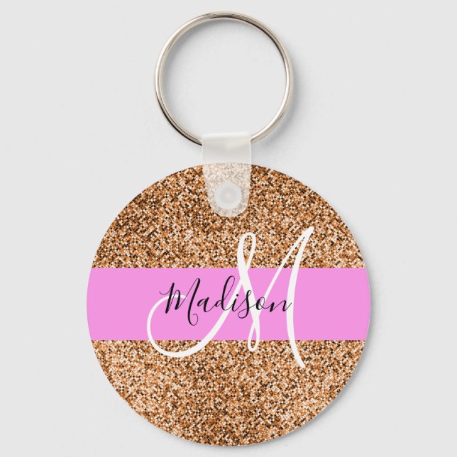 Chic Pink & Pumpkin Glitter Sparkles Monogram Name Keychain (Front)