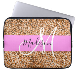 Chic Pink & Pumpkin Glitter Sparkles Monogram Name Laptop Sleeve