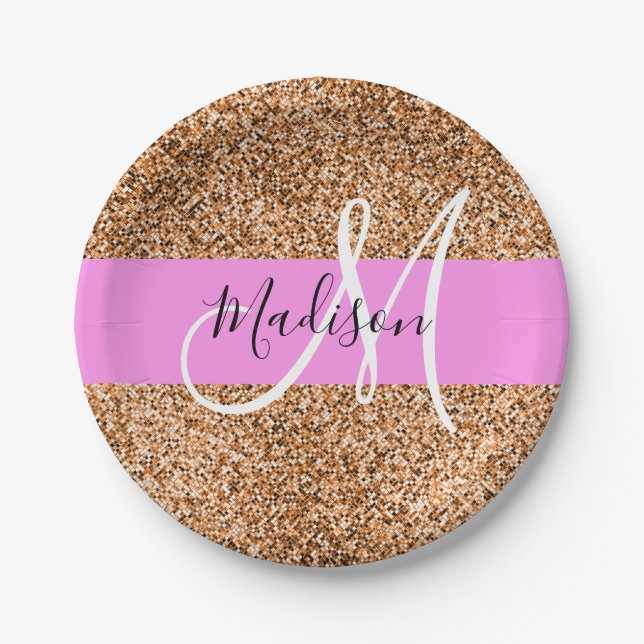 Chic Pink & Pumpkin Glitter Sparkles Monogram Name Paper Plate (Front)