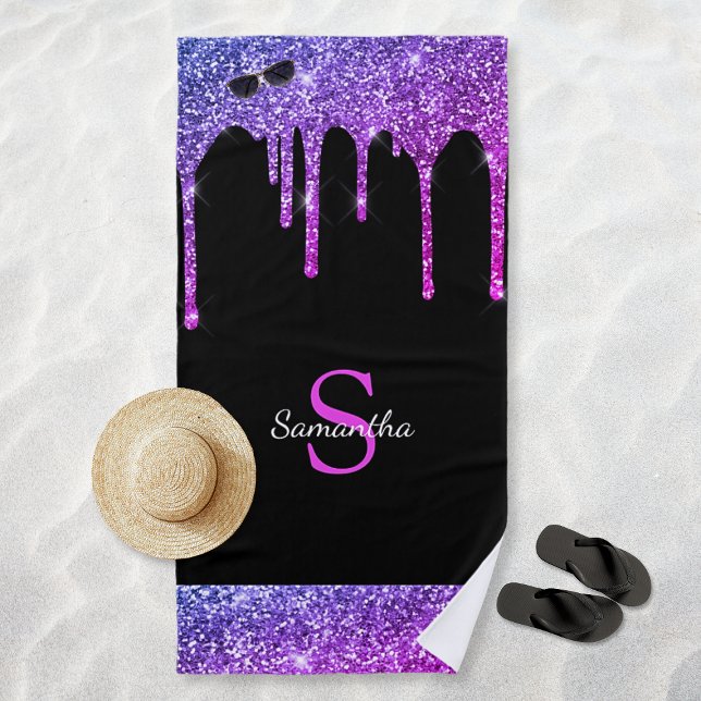 Chic Pink Purple Blue Glitter Drips Black Monogram Beach Towel (Chic Pink Purple Blue Glitter Drips Black Monogram Beach Towel)
