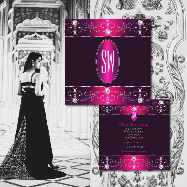 Chic Pink Purple Burgund Ornate Ornaments Monogram Square Business Card (Creator Uploaded)