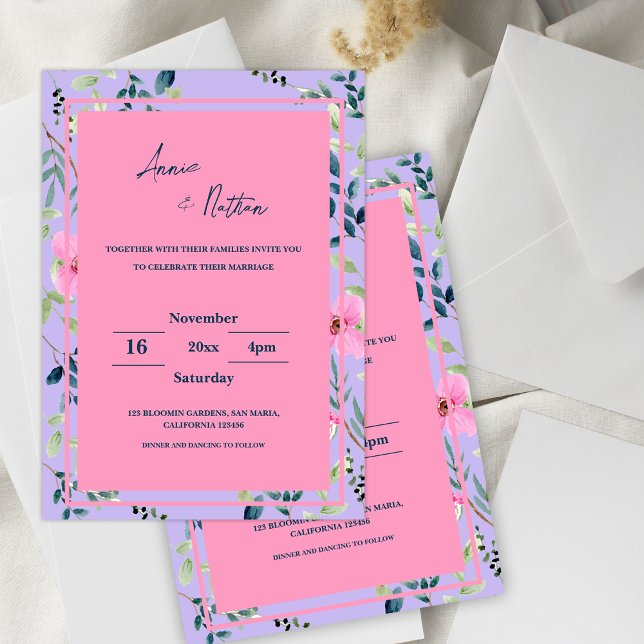 Chic Pink Purple Floral Frame Wedding Invitation  (Chic Pink Purple Floral Frame Wedding Invitation)