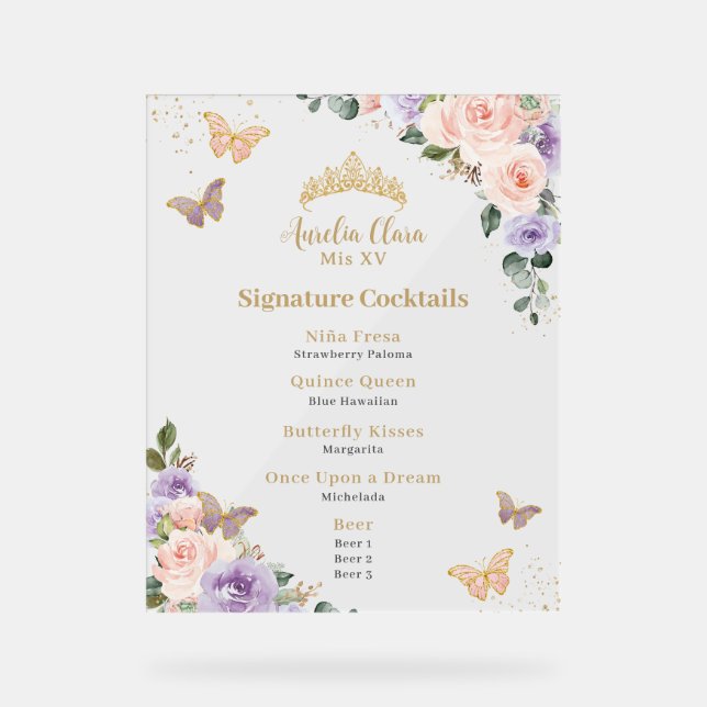 Chic Pink Purple Floral Quinceanera Bar Drink Menu Acrylic Sign (Front)