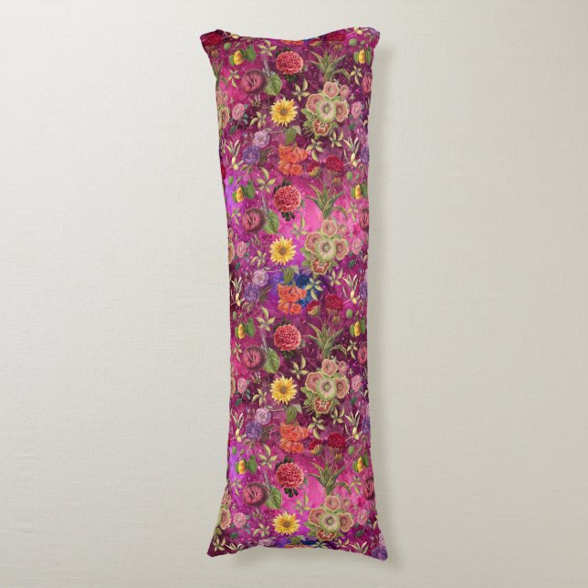 Chic pink purple flowers monogram floral pattern body pillow (Front Vertical)