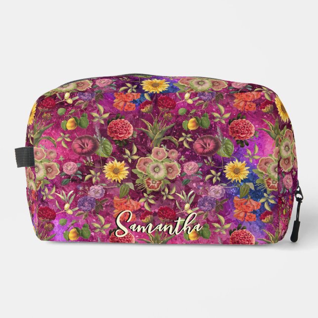 Chic pink purple flowers monogram floral pattern dopp kit (Front)