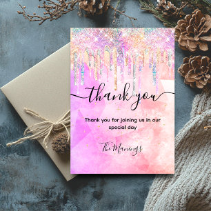 Chic Pink Purple Glitter Drips Unicorn Thanks Card