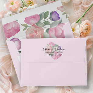 Chic Pink & Purple Watercolor Floral Wedding Envelope