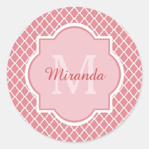 Chic Pink Quatrefoil Monogram With Name Classic Round Sticker