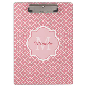 Chic Pink Quatrefoil Monogram With Name Clipboard