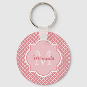 Chic Pink Quatrefoil Monogram With Name Keychain