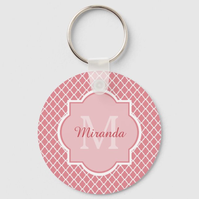 Chic Pink Quatrefoil Monogram With Name Keychain (Front)