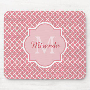 Chic Pink Quatrefoil Monogram With Name Mouse Pad