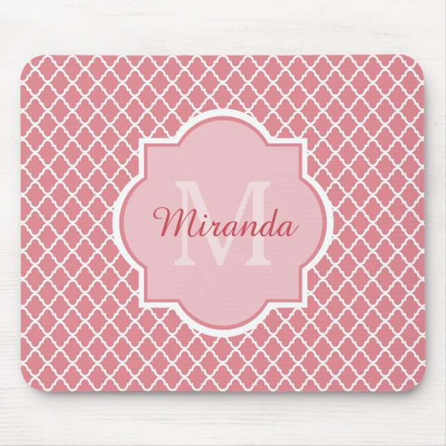 Chic Pink Quatrefoil Monogram With Name Mouse Pad (Front)