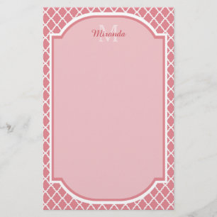 Chic Pink Quatrefoil Monogram With Name Stationery
