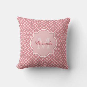 Chic Pink Quatrefoil Monogram With Name Throw Pillow