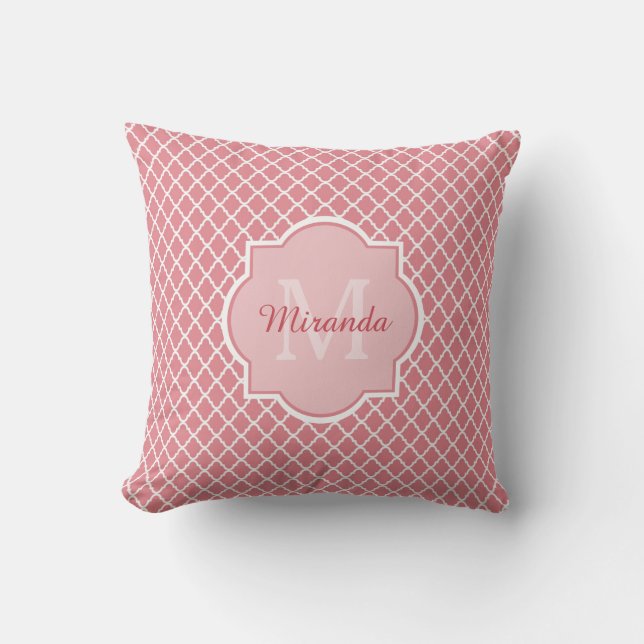 Chic Pink Quatrefoil Monogram With Name Throw Pillow (Front)