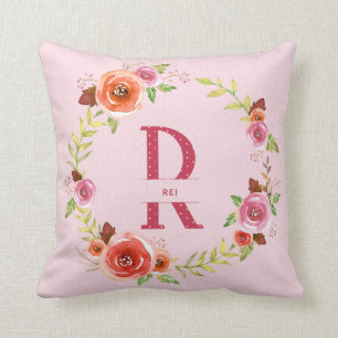 Chic Pink, Red and Orange Watercolor Floral Wreath Throw Pillow