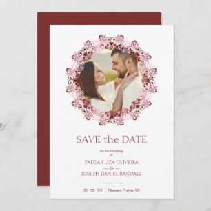 Chic Pink & Red Flourish Lace Effect Photo Couple Save The Date