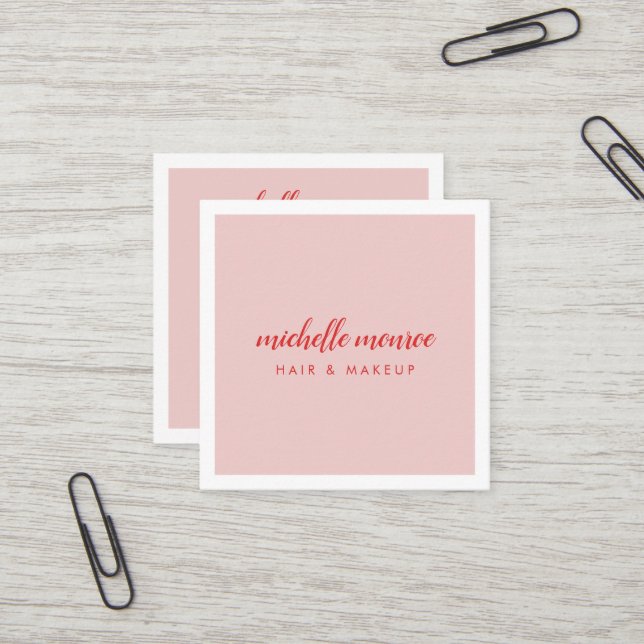 Chic Pink/Red Makeup Artist, Hair Stylist Square Business Card (Front/Back In Situ)