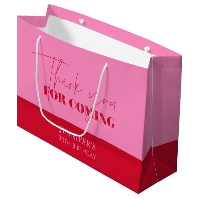 Chic Pink Red Script Birthday Thank you Large Gift Bag (Front Angled)