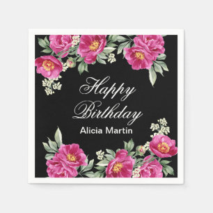 Chic Pink Red Violet Peony Floral Black Birthday  Napkin