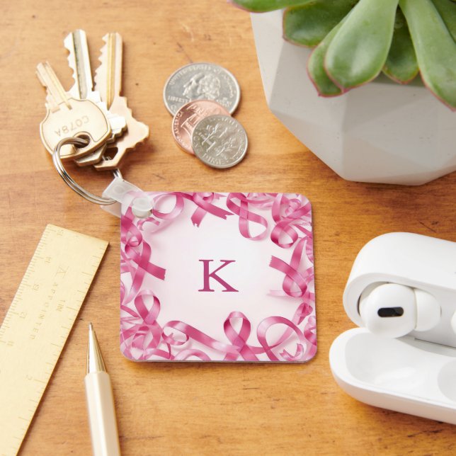 Chic Pink Ribbon Awareness Frame Monogrammed Keychain (Desk)
