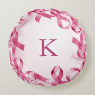 Chic Pink Ribbon Awareness Frame Monogrammed Round Pillow