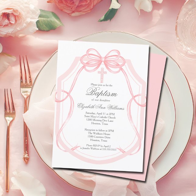 Chic Pink Ribbon Bow Baby Girl Baptism Invitation (Creator Uploaded)