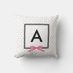Chic Pink Ribbon Polka Dot Pattern Monogram Throw Pillow