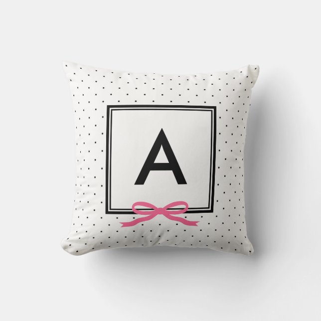 Chic Pink Ribbon Polka Dot Pattern Monogram Throw Pillow (Front)