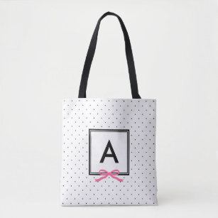 Chic Pink Ribbon Polka Dot Pattern Monogram Tote Bag