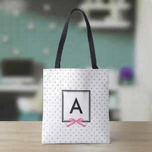 Chic Pink Ribbon Polka Dot Pattern Monogram Tote Bag