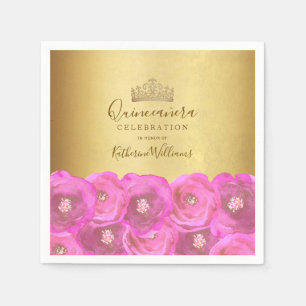 Chic Pink Rose Floral Gold Crown Quinceañera Napkin