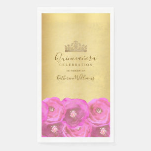 Chic Pink Rose Floral Gold Crown Quinceañera Napkin