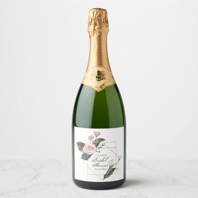 Chic Pink Rose Floral Gold Frame Bridal Shower Cha Sparkling Wine Label (Front)