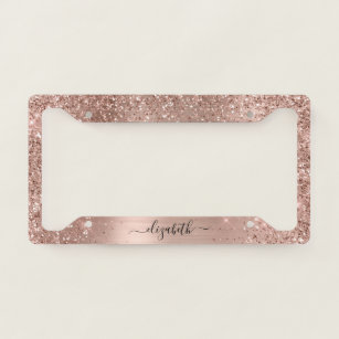 Chic Pink Rose Gold Brushed Metal Glitter Monogram License Plate Frame