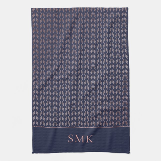 Chic Pink Rose Gold Foil Navy Blue Boho Geometric Kitchen Towel (Vertical)