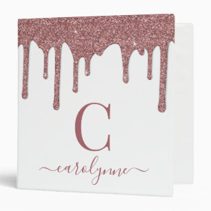 Chic Pink Rose Gold Glitter Sparkle Drips Monogram Binder