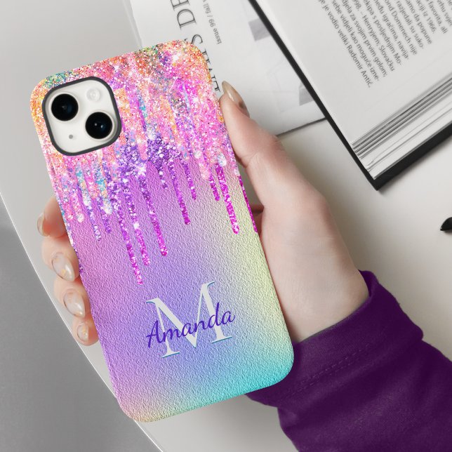 Chic pink rose unicorn dripping glitter monogram Case-Mate iPhone case (Creator Uploaded)