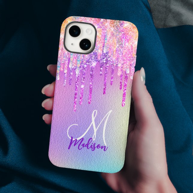 Chic pink rose unicorn dripping glitter monogram Case-Mate iPhone case (Creator Uploaded)