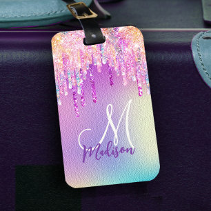 Chic pink rose unicorn dripping glitter monogram luggage tag