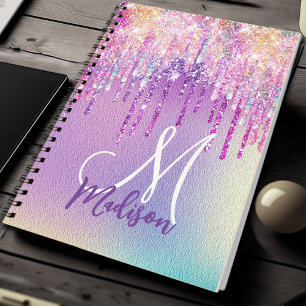 Chic pink rose unicorn dripping glitter monogram notebook