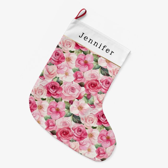 Chic Pink Roses Floral Christmas Large Christmas Stocking (Front (Hanging))