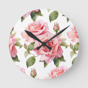 Chic Pink Roses Flowers Floral Clock