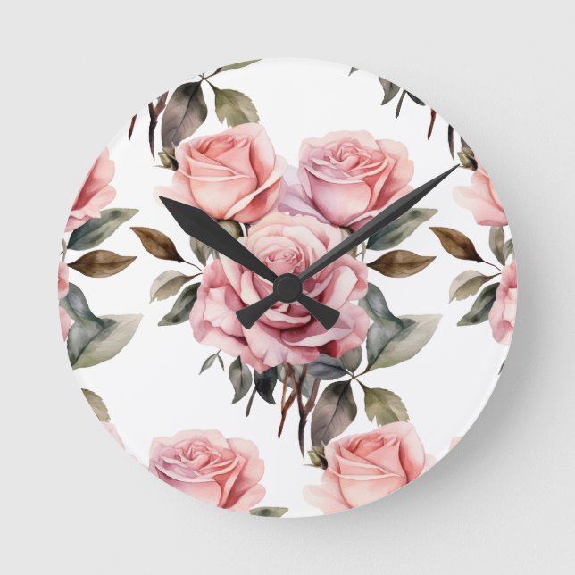 Chic Pink Roses Flowers Floral Clock (Front)