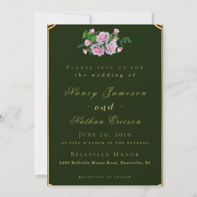 Chic Pink Roses Gold Lettering Wedding Invitation (Front)