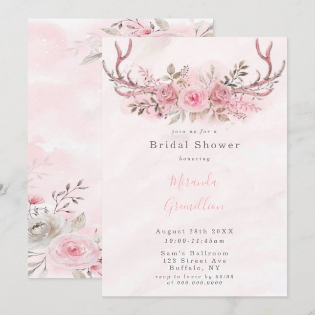 Chic Pink Sage Peony Deer Antlers Bridal Shower Invitation (Front/Back)