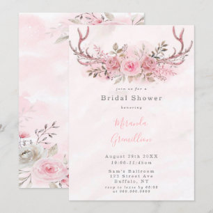 Chic Pink Sage Peony Deer Antlers Bridal Shower Invitation