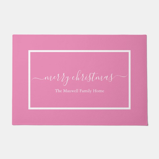 Chic pink script family name Merry Christmas  Doormat (Front)