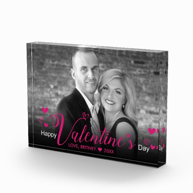 Chic Pink Script Hearts Black White Photo Modern (Right)